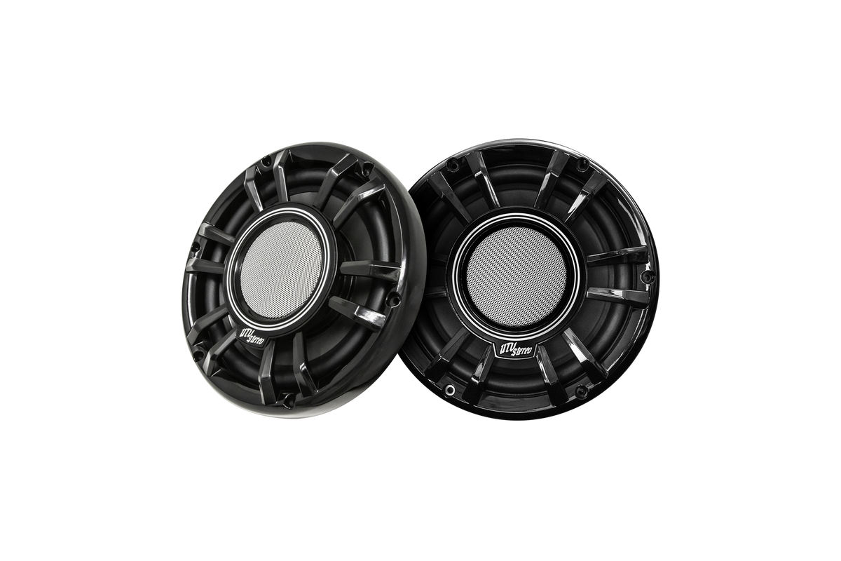 Two black UTV Stereo speakers with silver mesh grilles