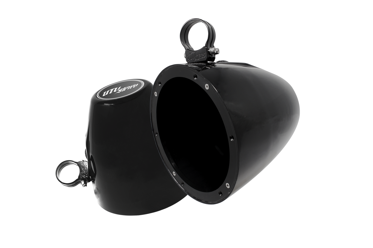 Two black UTV Stereo speaker pods with mounting clamps