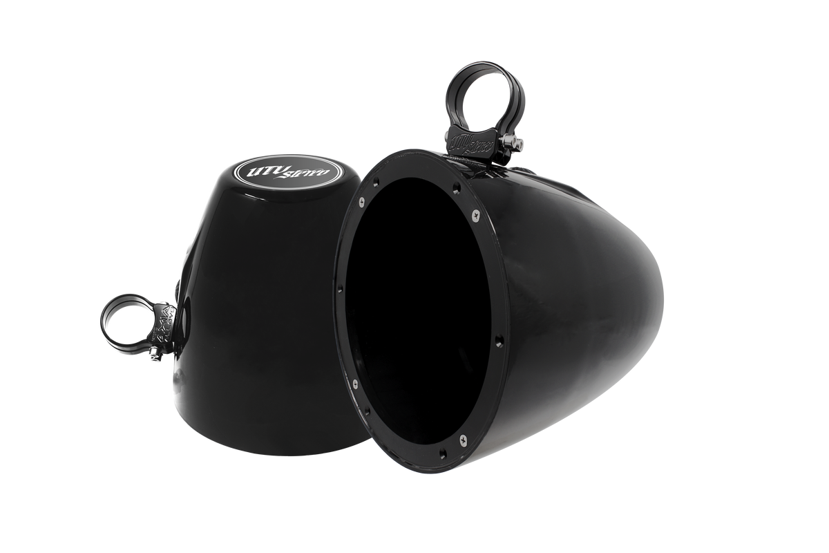 Two black UTV Stereo speaker pods with mounting clamps