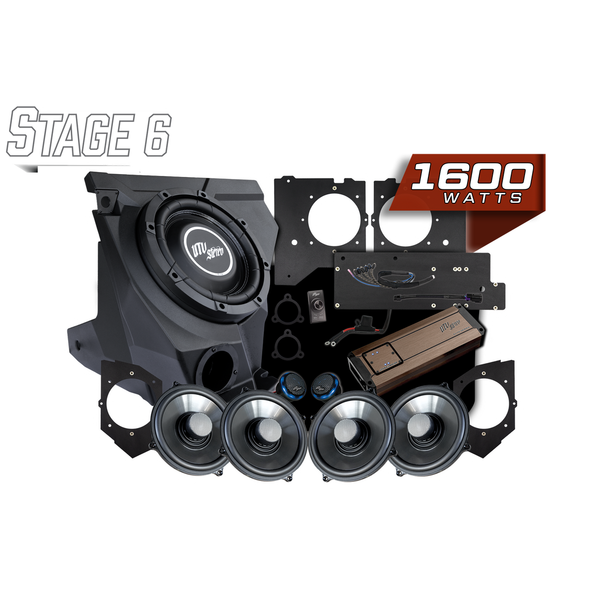 UTV Stereo Stage 6 audio system kit with subwoofer amplifier speakers and mounting hardware