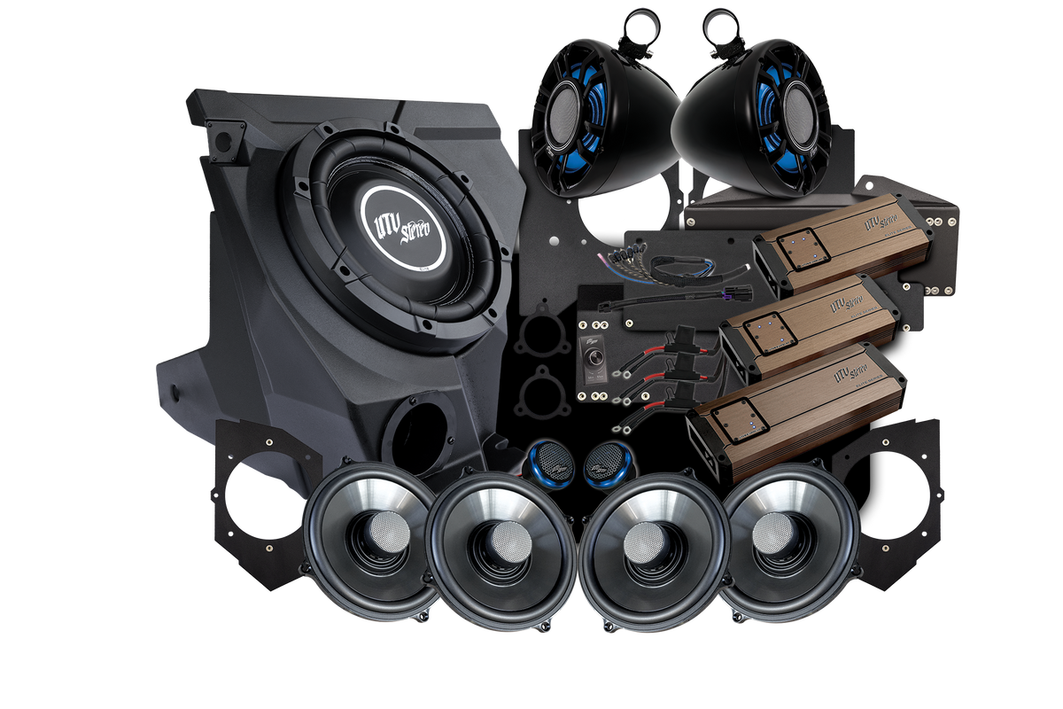 UTV Stereo audio system bundle including subwoofer, speakers, amplifiers, and wiring components