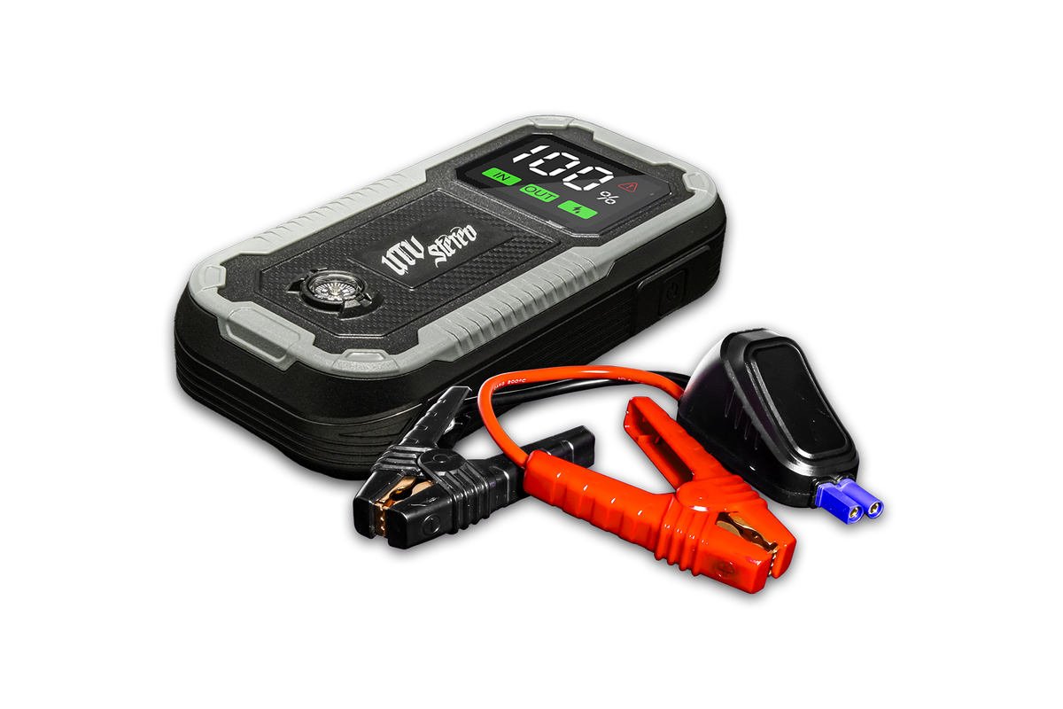 UTV Stereo portable jump starter with digital display and jumper cables