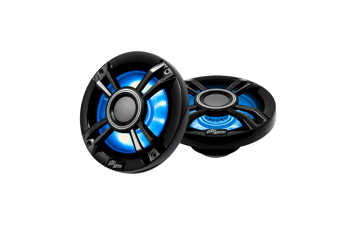 Two UTV Stereo black marine speakers with blue LED ring lighting