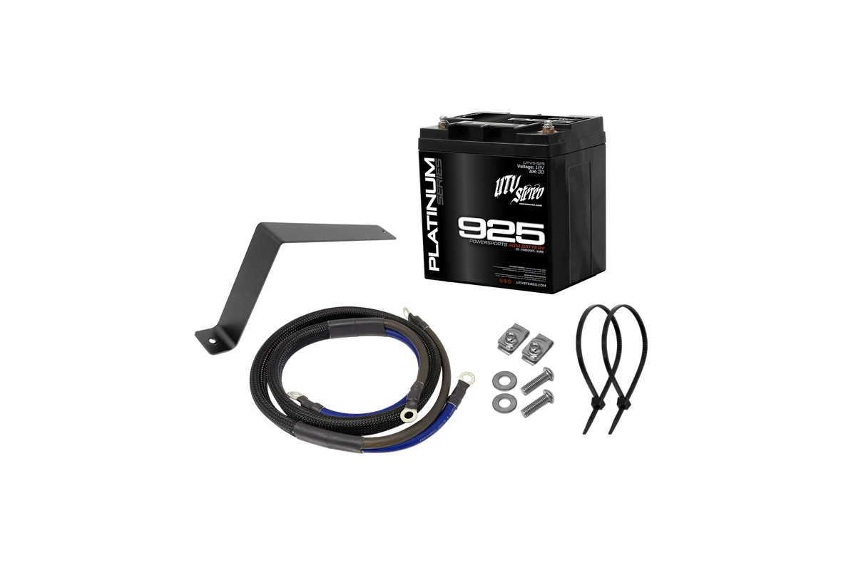 UTV Stereo Platinum Series 925 AGM battery kit with mounting bracket cables and hardware