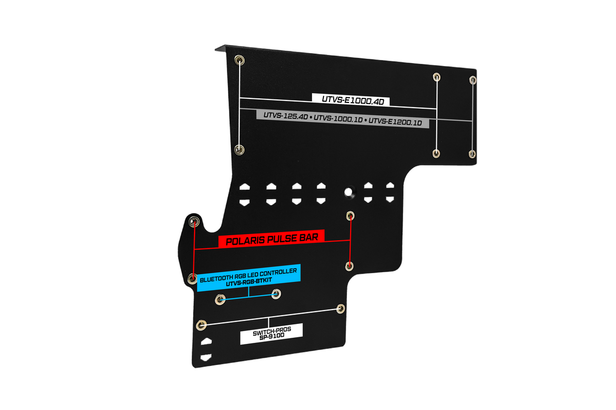 Black metal mounting bracket with labels for Polaris Pulse bar and Switch Pros controller installation