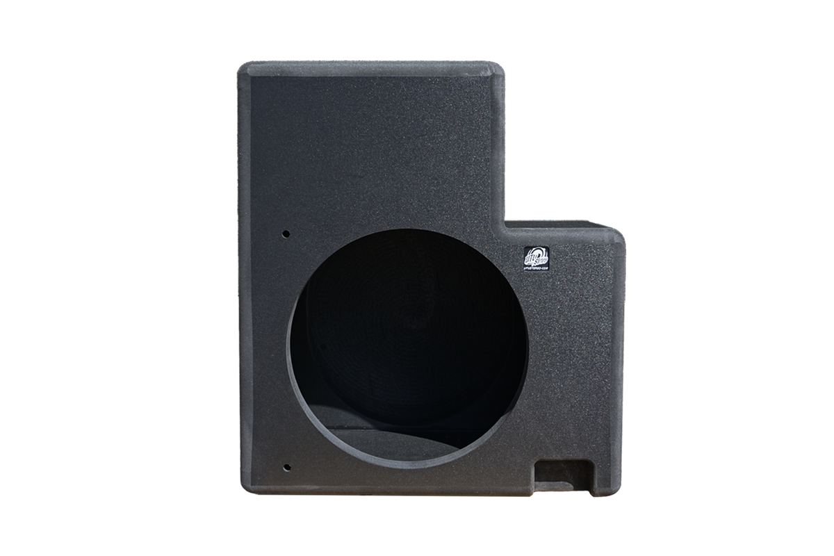 UTV Stereo black subwoofer enclosure with a circular speaker cutout