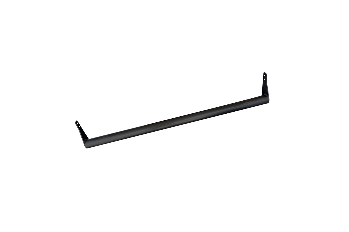 Black metal tubular crossbar with mounting brackets at each end