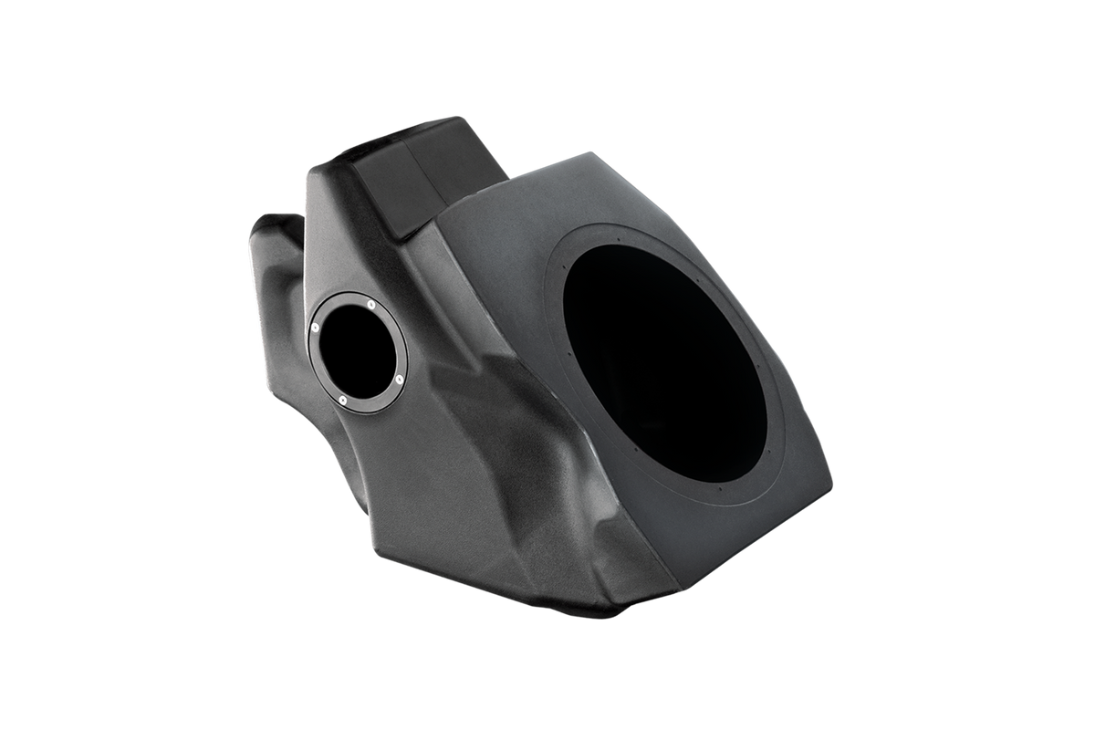 Black molded plastic subwoofer enclosure with two speaker mounting holes