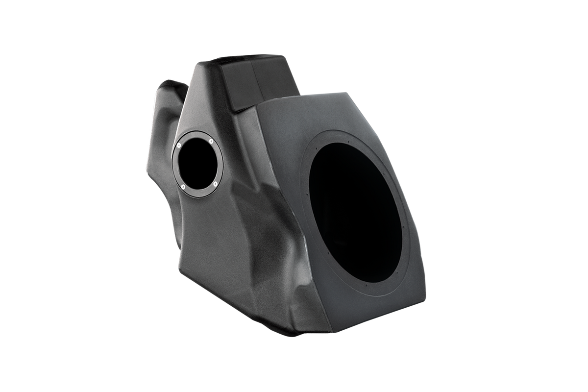Black molded plastic subwoofer enclosure with two speaker mounting holes