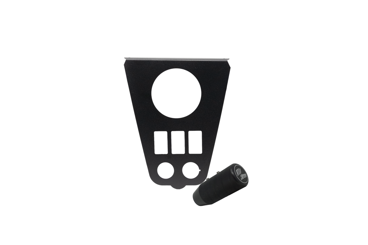 Black metal mounting plate with circular and rectangular cutouts and a cylindrical knob