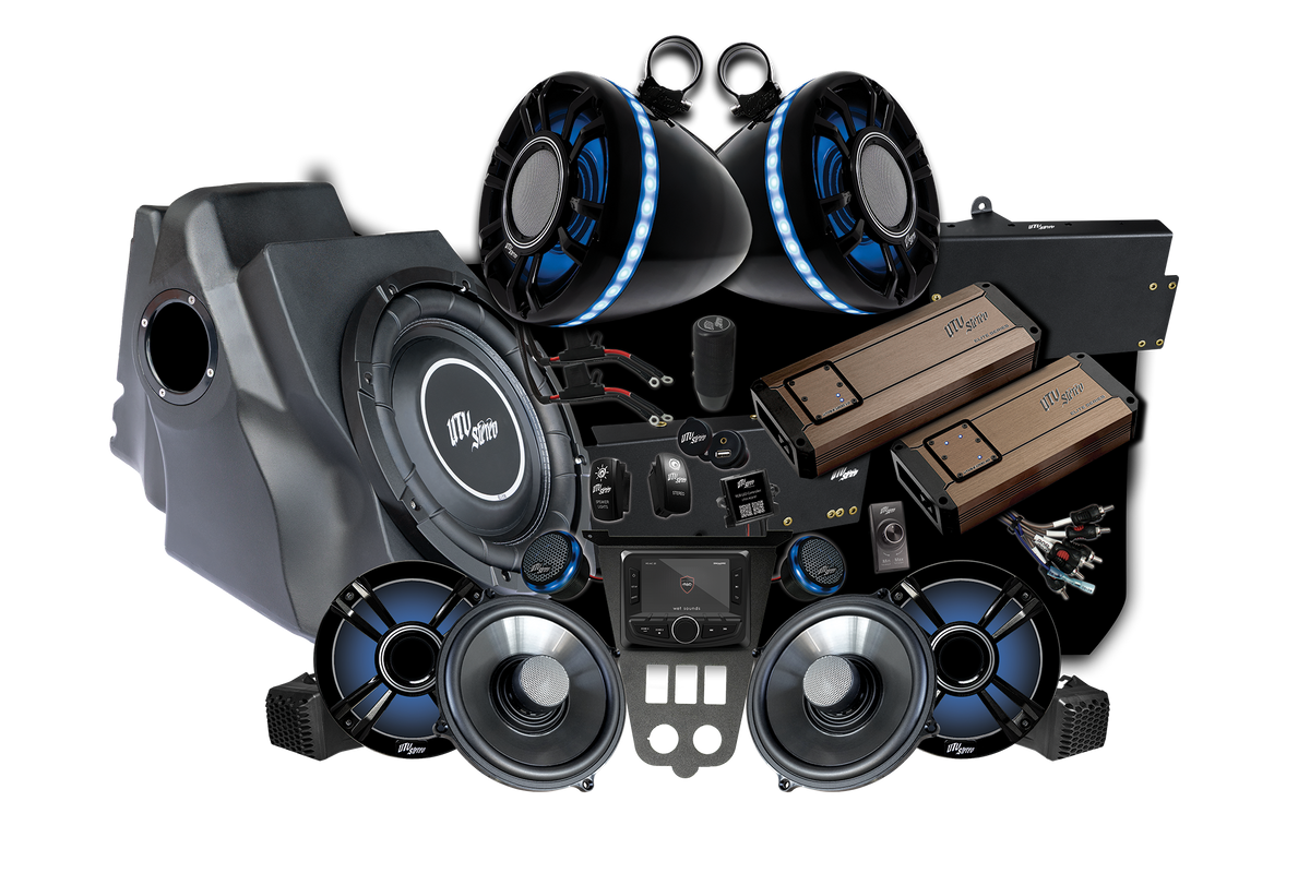 UTV Stereo audio system bundle including speakers subwoofer amplifiers and head unit