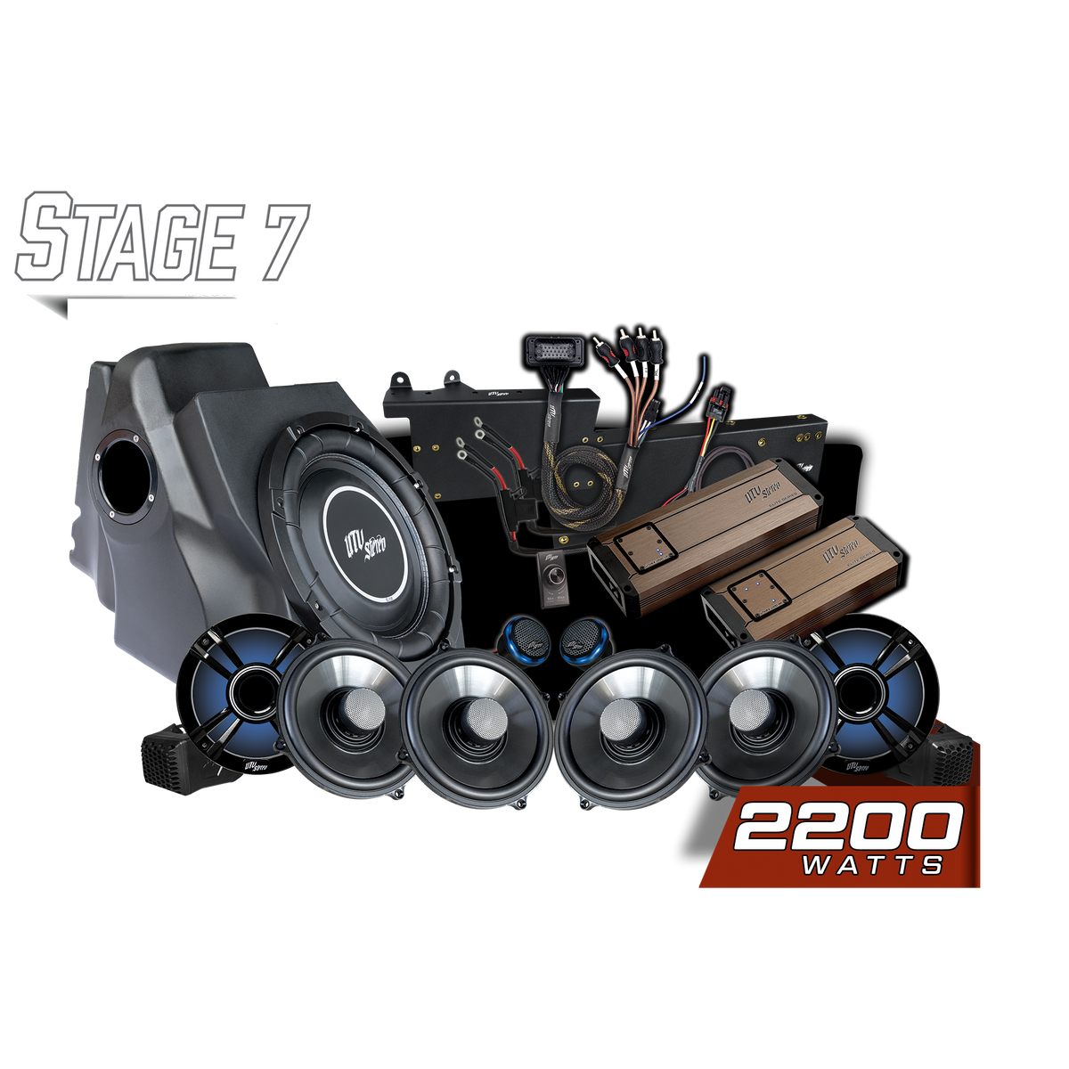UTV Stereo Stage 7 audio system with subwoofer, amplifiers, speakers, and wiring harness
