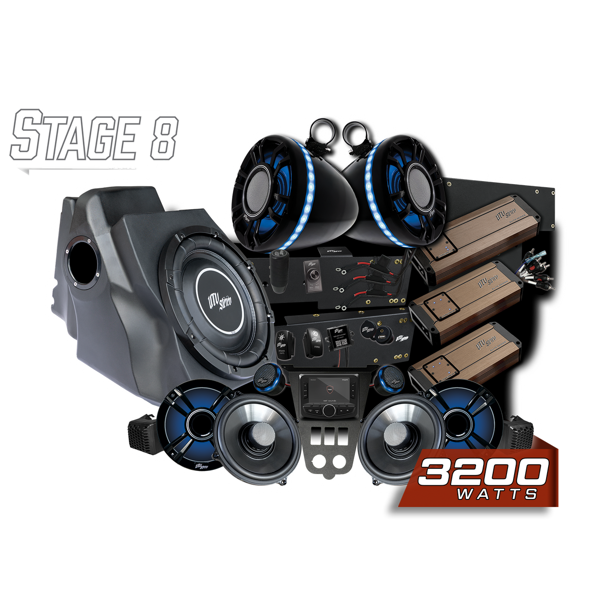 UTV Stereo Stage 8 3200 watt audio system kit with speakers amplifiers subwoofer and head unit