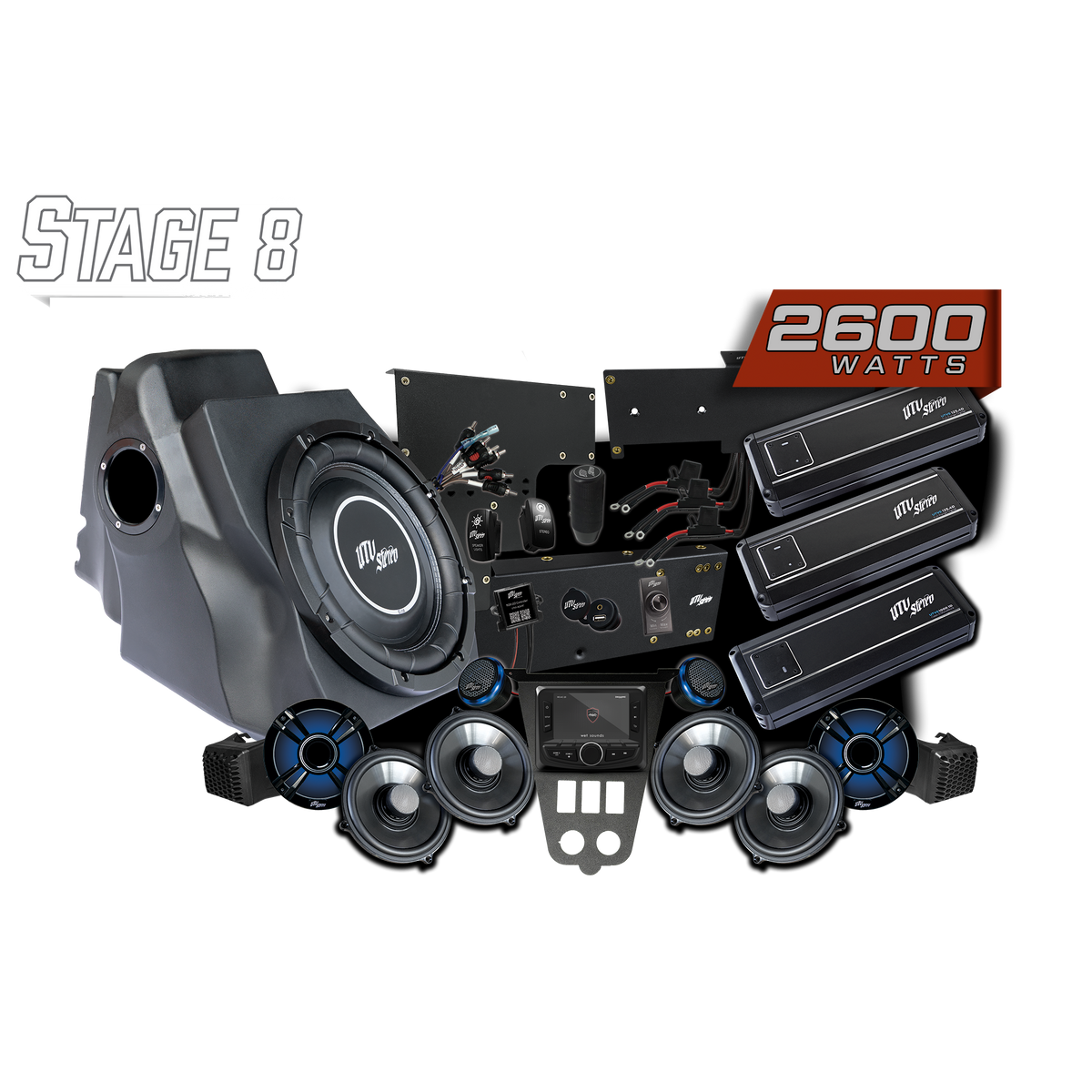 UTV Stereo Stage 8 audio system kit with subwoofer, amplifiers, speakers, and head unit