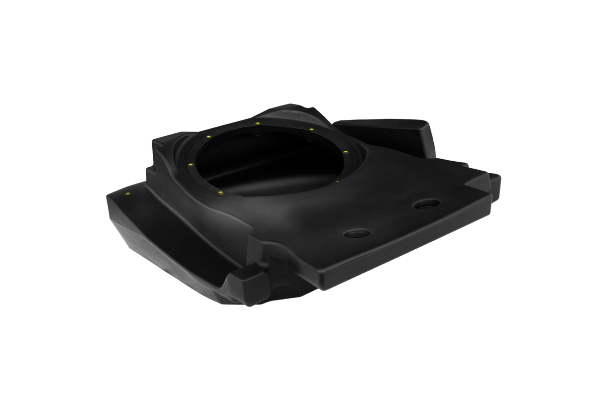 Black molded plastic subwoofer enclosure with circular speaker mount