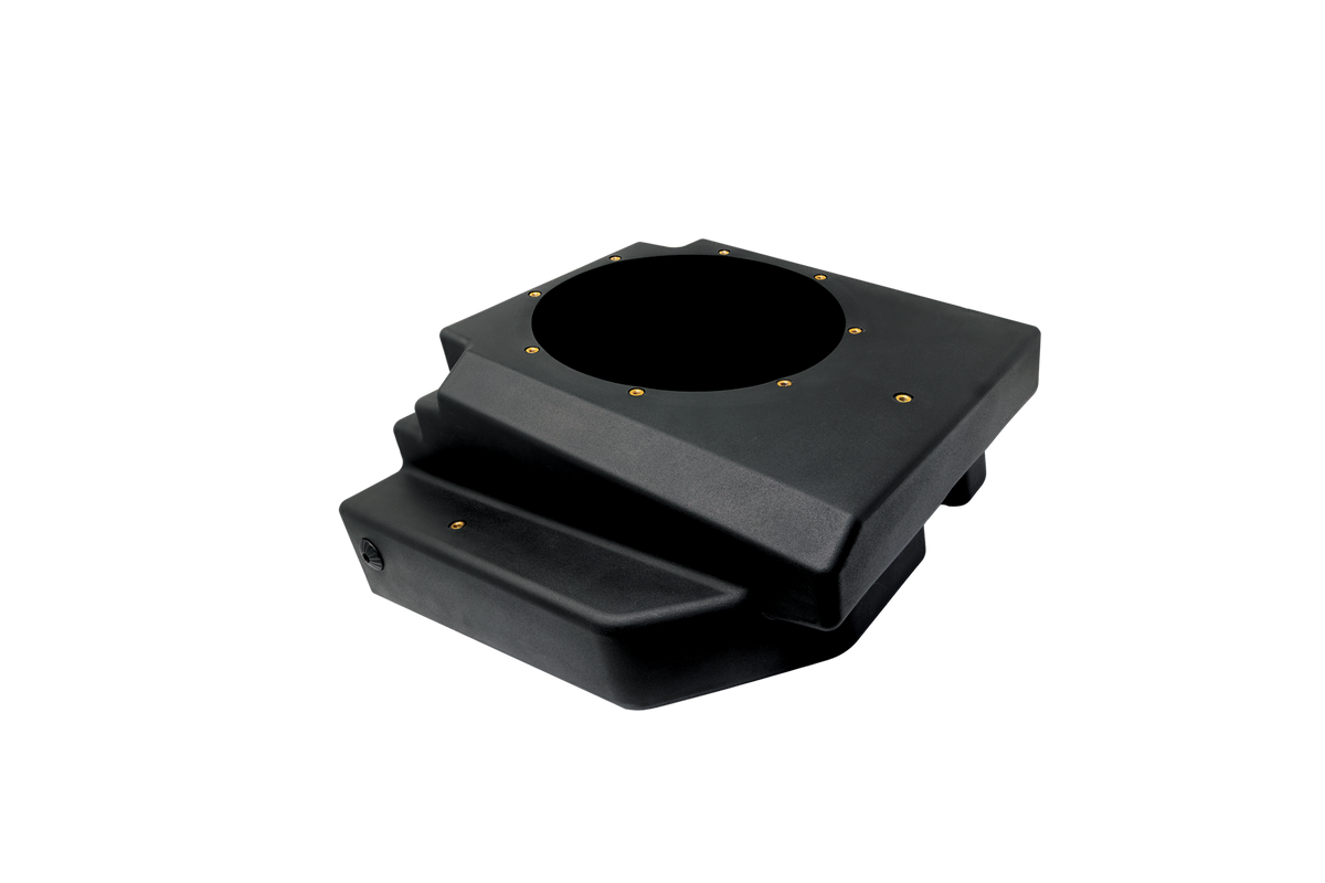 Black molded plastic subwoofer enclosure with circular speaker cutout