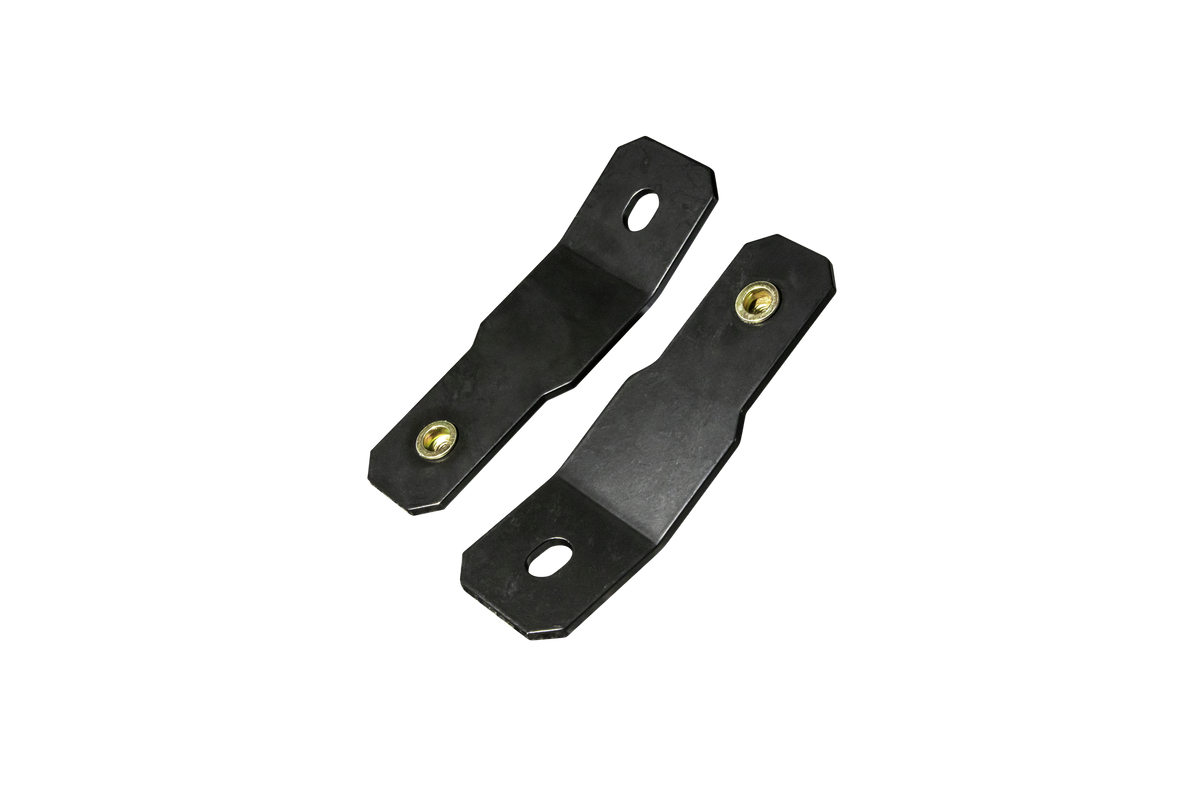 Two black metal mounting brackets with threaded inserts and slotted holes