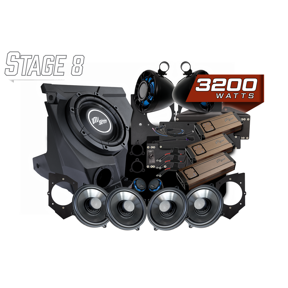 UTV Stereo Stage 8 3200 watt audio system kit including speakers amplifiers and subwoofer enclosure