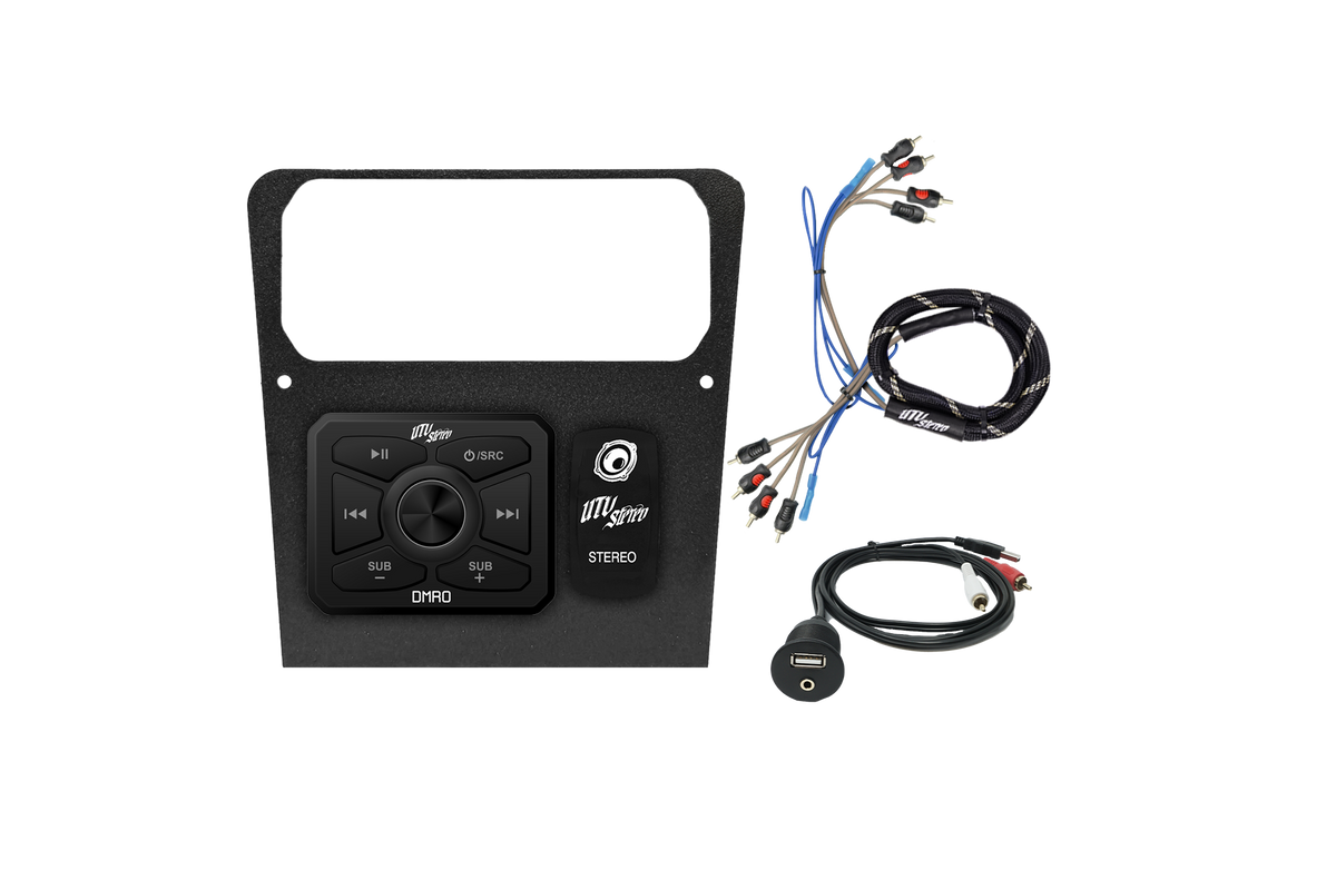 UTV Stereo dash kit with media controller, stereo switch, and wiring harnesses