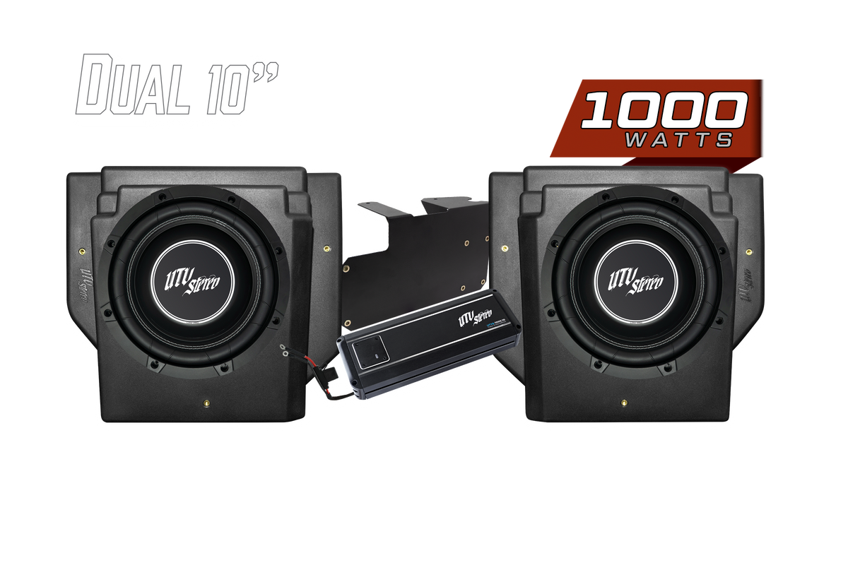 UTV Stereo dual 10 inch subwoofer system with 1000 watt amplifier and mounting hardware