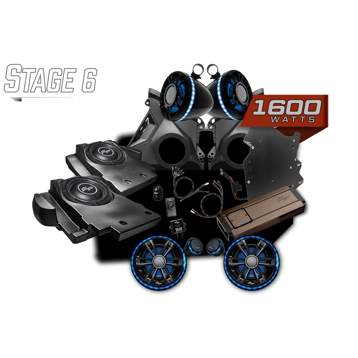 UTV Stereo Stage 6 audio system kit with speakers, subwoofers, amplifier, and wiring components