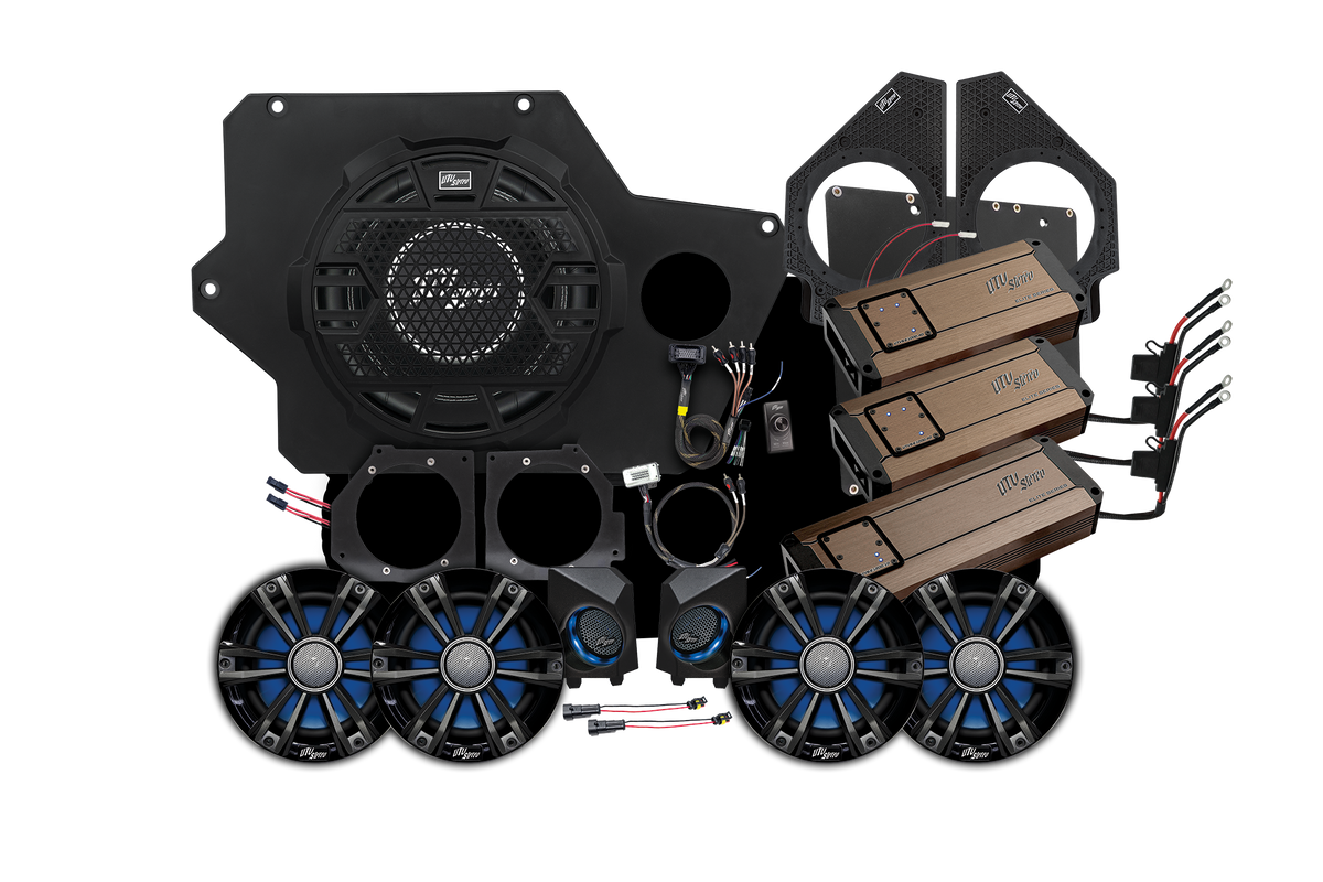 UTV Stereo audio system kit with subwoofer, speakers, amplifiers, and mounting hardware