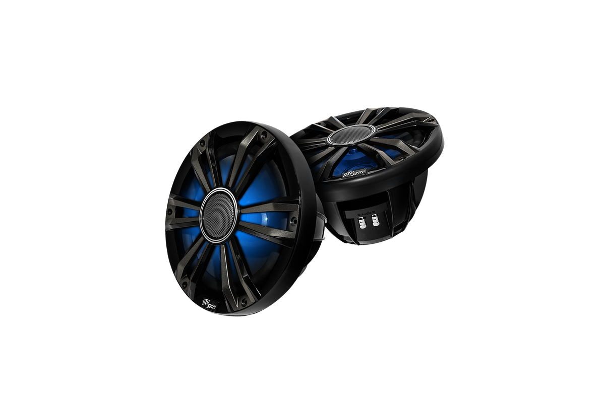 Two UTV Stereo black marine speakers with blue LED lighting