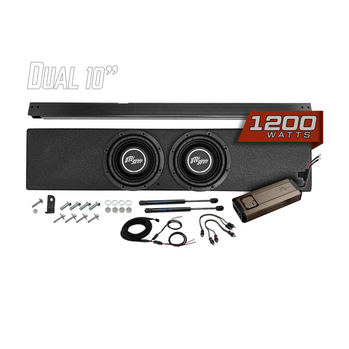 UTV Stereo dual 10 inch subwoofer enclosure with 1200 watt amplifier and installation hardware