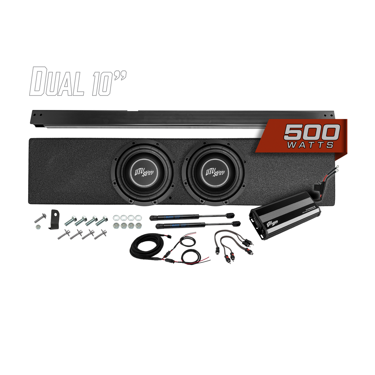 UTV Stereo dual 10 inch subwoofer enclosure kit with 500 watt amplifier and installation hardware