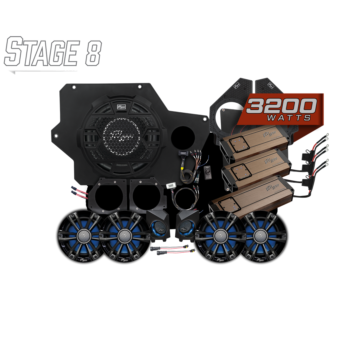 UTV Stereo Stage 8 audio system with subwoofer, speakers, amplifiers, and wiring components