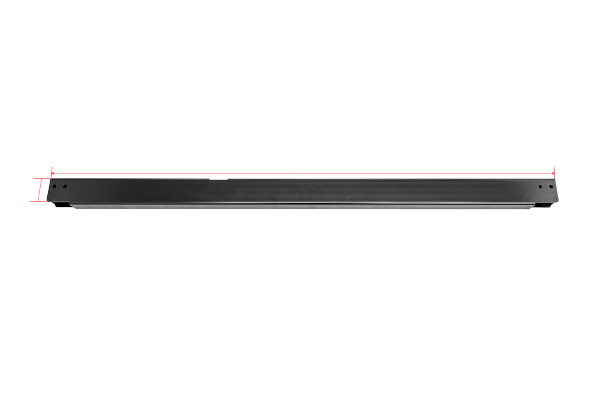Black metal support rail with red dimension lines indicating length and height