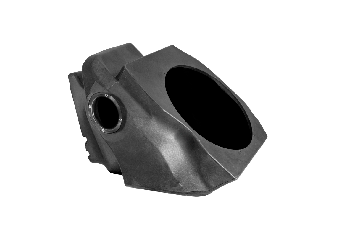 Black molded plastic subwoofer enclosure with speaker mounting holes