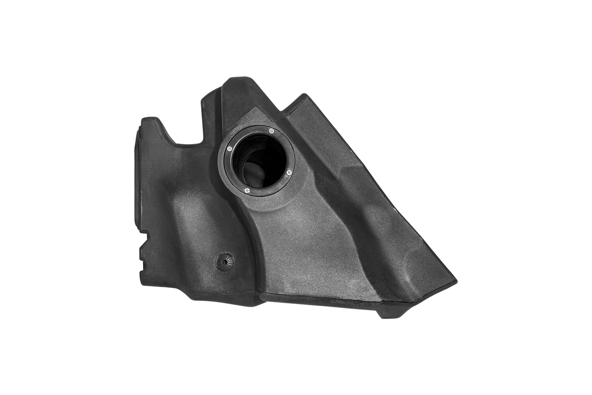 Black plastic automotive air intake housing with circular opening