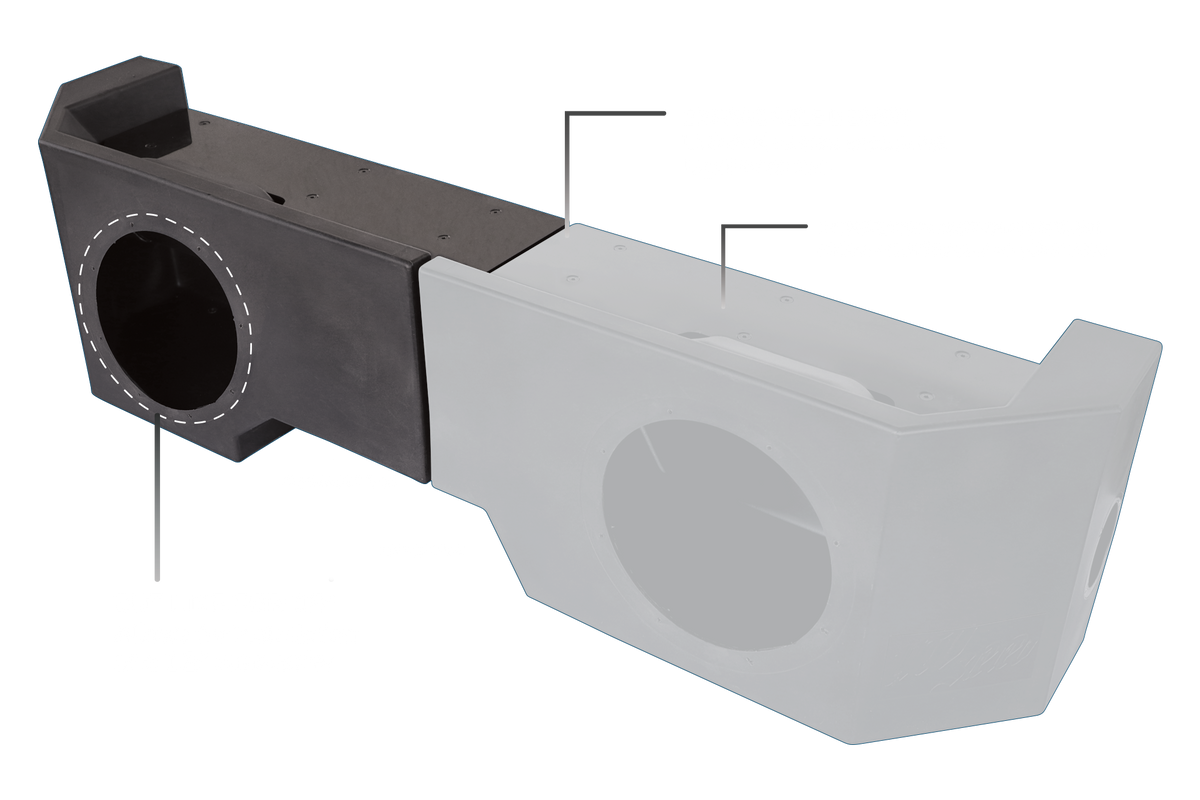 Dual subwoofer enclosure with callout lines indicating mounting points