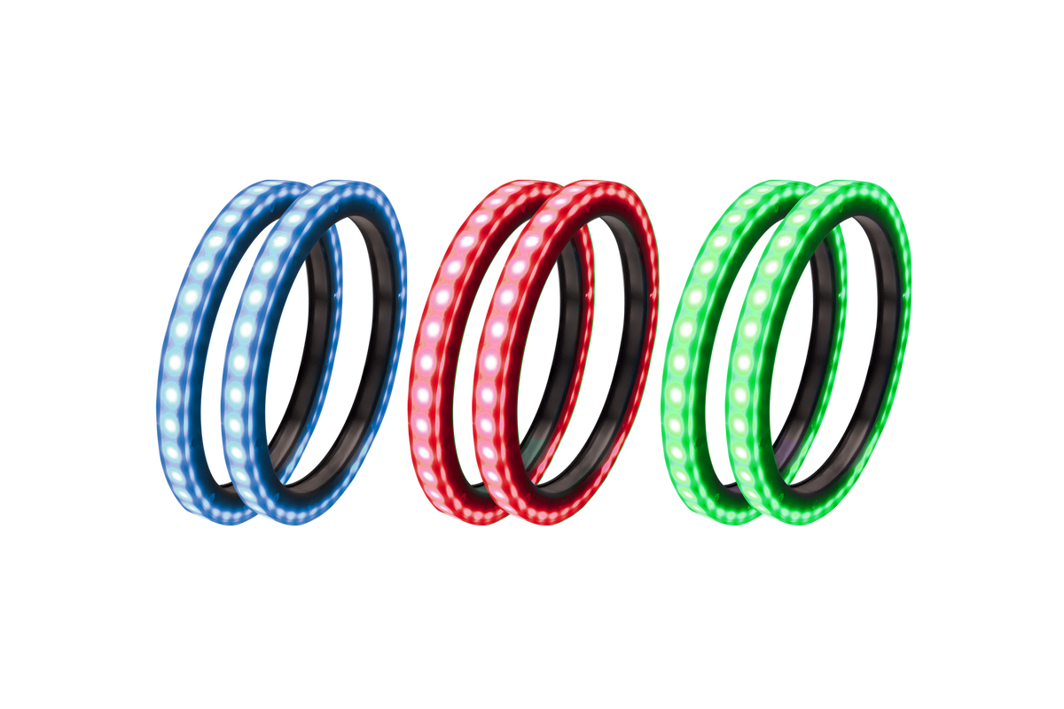 Three pairs of circular LED light rings in blue red and green