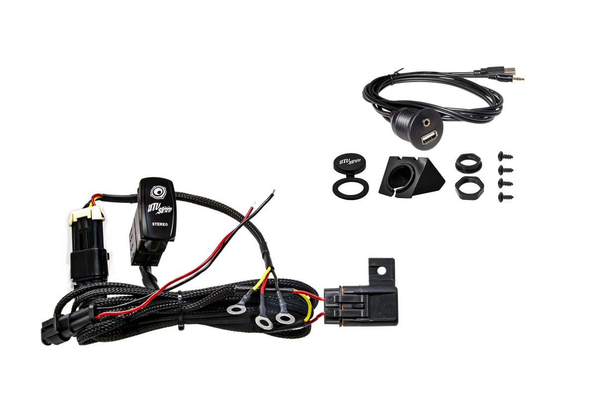 UTV Stereo wiring harness with USB and auxiliary port mounting kit and hardware