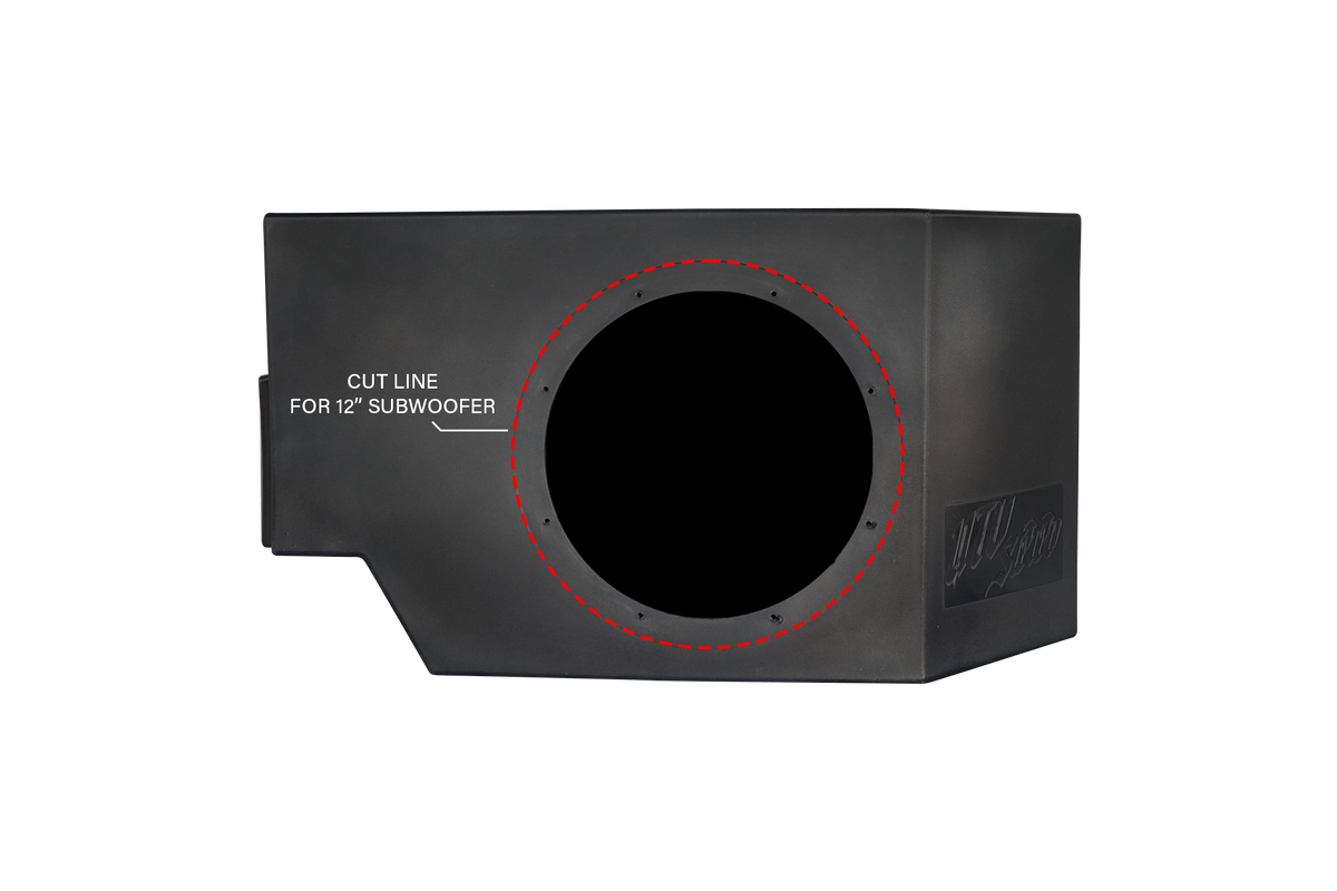 Black UTV Stereo subwoofer enclosure with a red dashed cut line for a 12 inch subwoofer