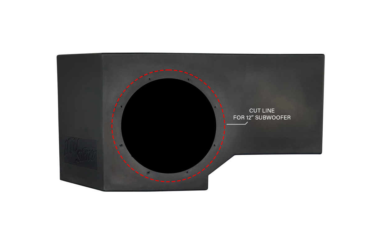 UTV Stereo black subwoofer enclosure with red dashed cut line for 12 inch subwoofer