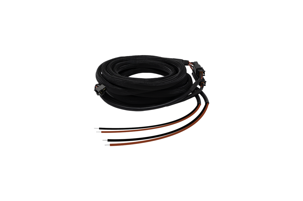 Coiled black electrical wiring harness with exposed wire ends and connectors