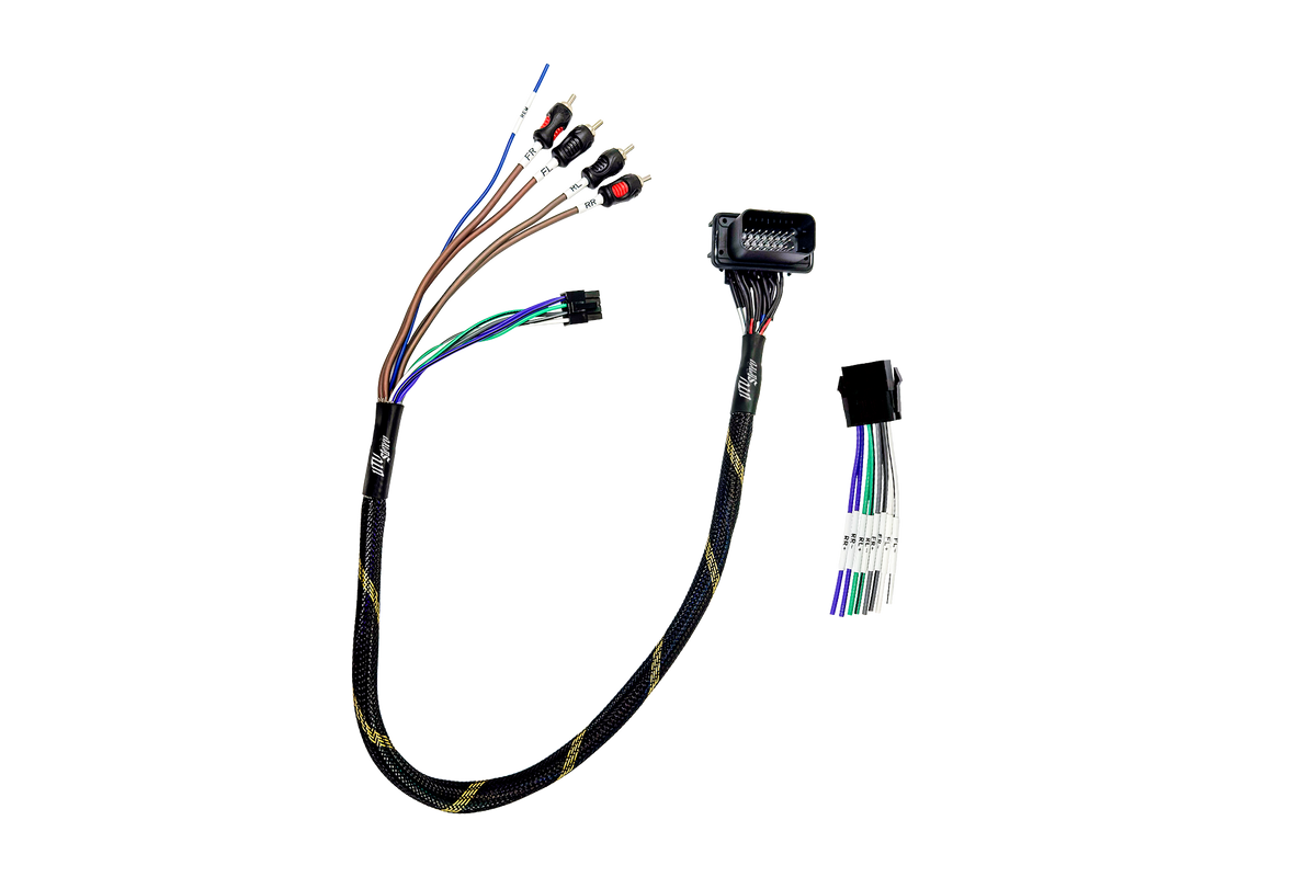 UTV Stereo wiring harness with RCA connectors and labeled speaker wires