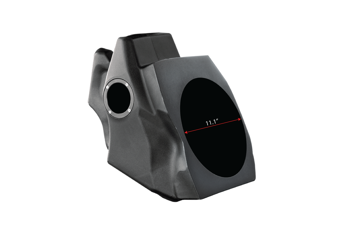 Black molded subwoofer enclosure with an 11.1 inch diameter speaker cutout