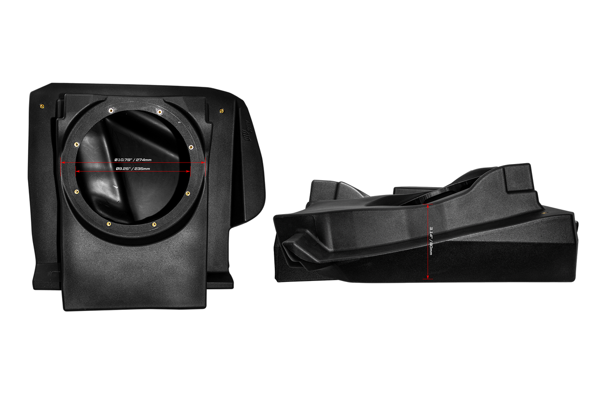 Black plastic subwoofer enclosure with dimension markings for diameter and depth