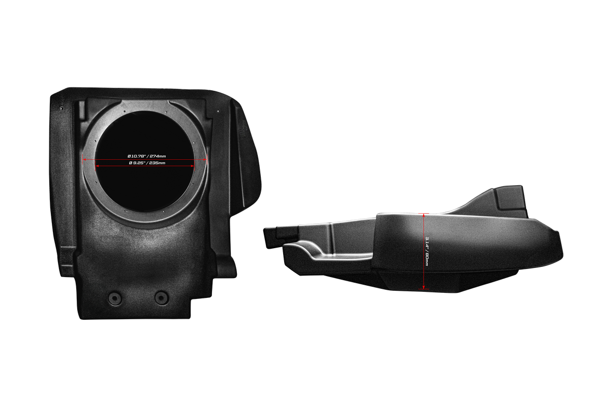 UTV Stereo black subwoofer enclosure with dimensions shown