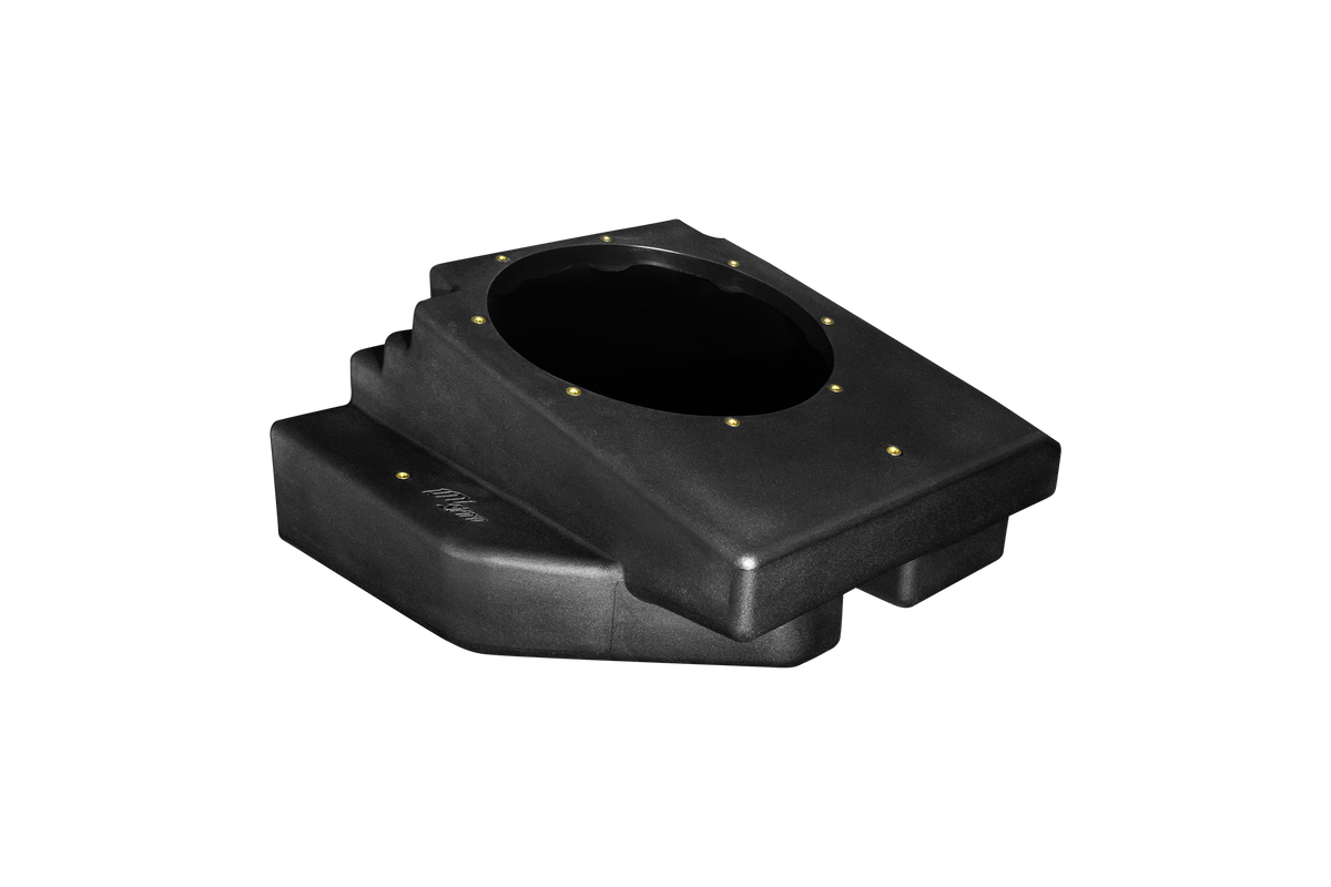 Black plastic speaker enclosure with mounting holes