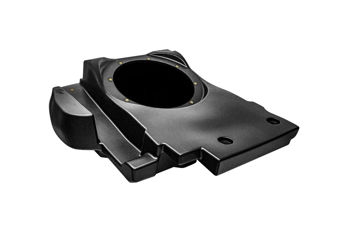 Black molded plastic vehicle subwoofer enclosure with circular speaker mount