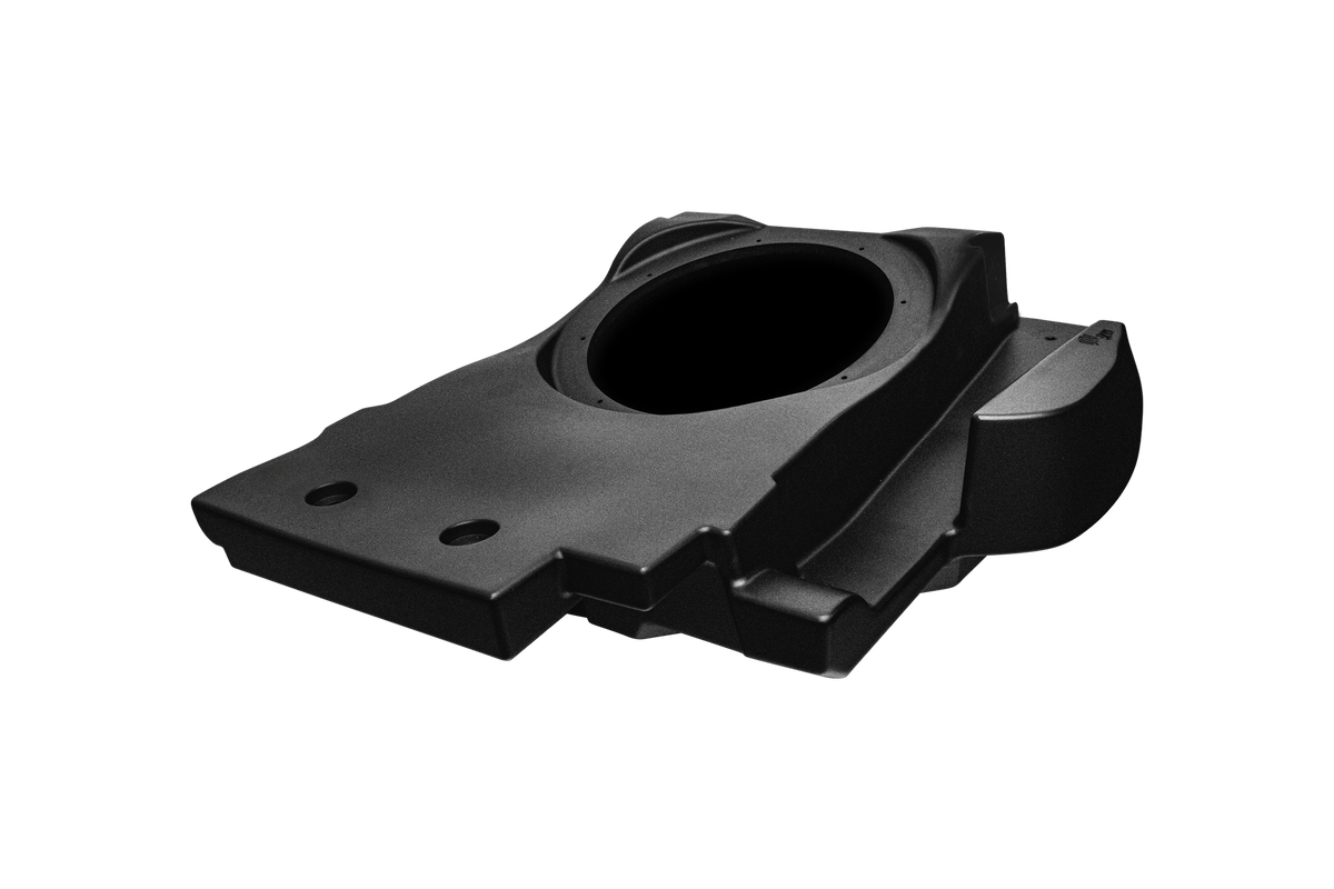 Black molded plastic vehicle subwoofer enclosure