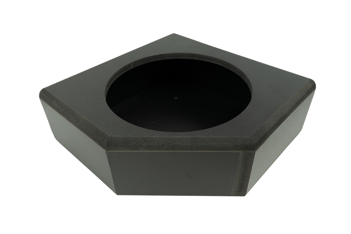 Black pentagonal speaker enclosure with a circular cutout