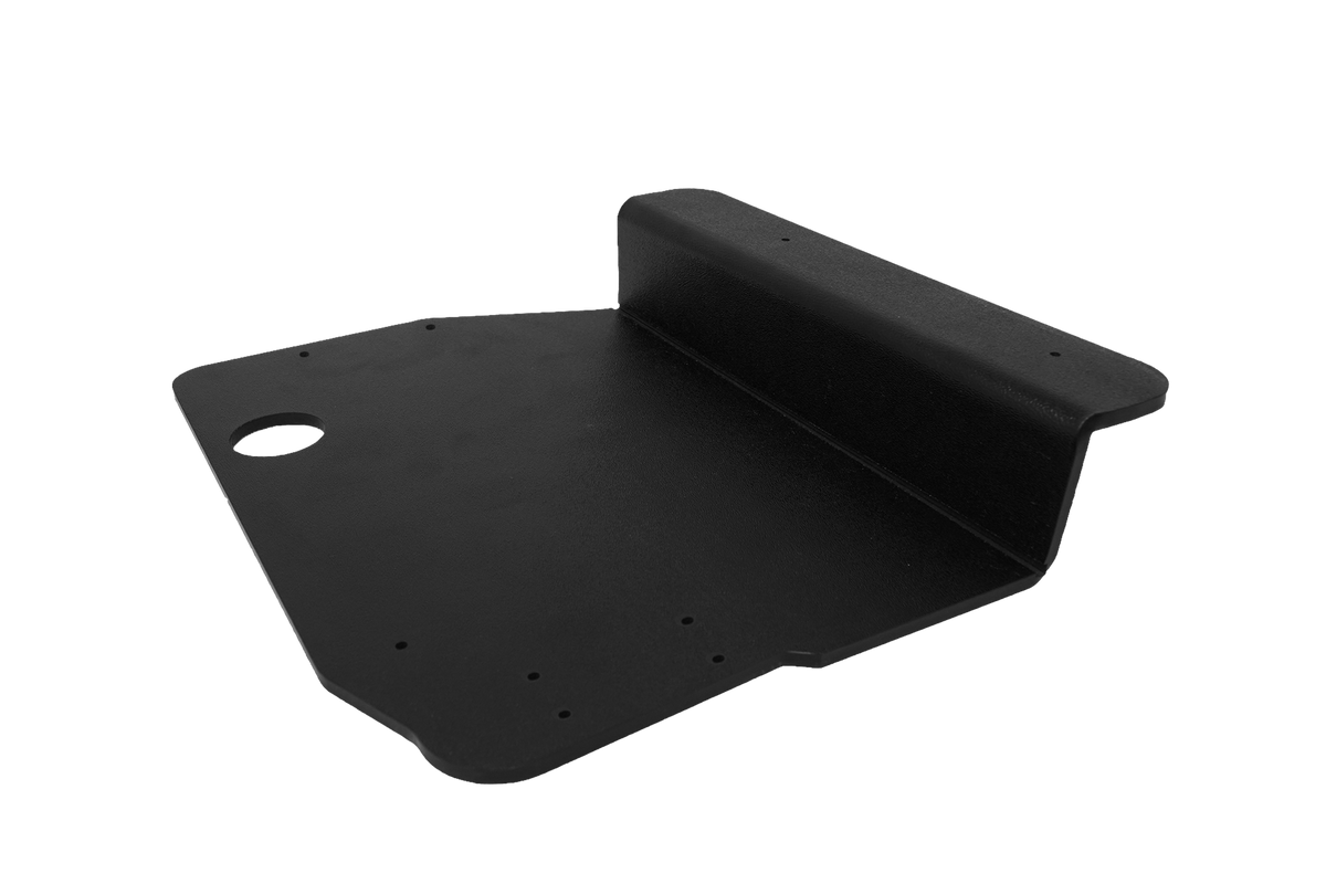 Black metal skid plate with mounting holes and circular cutout